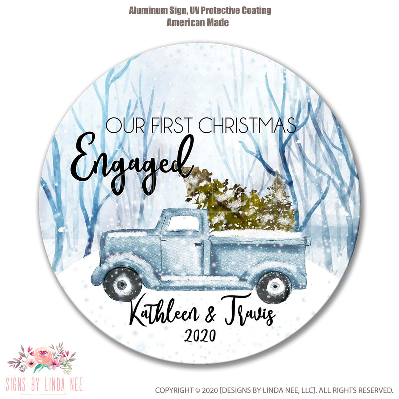 Christmas Wreath Sign, Personalized Engagement Sign Engagement Gift Blue Vintage Truck Sign Engagement Wreath Sign Christmas Decor SHO316