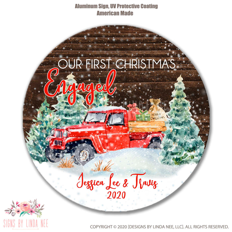 Our First Christmas Engaged Jessica Lee & Travis 2020 Vintage Red Truck filled with presents in a tree farm