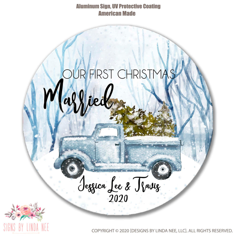 Christmas Wreath Sign, Personalized Married Sign Wedding Gift Blue Vintage Truck Sign Our First Christmas Married Wreath Sign Gift SHO317