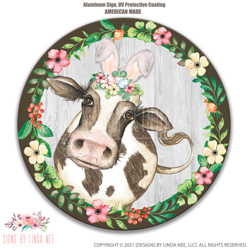 Easter Cow Bunny, Spring Bunny Sign, Cute Bunny Easter Decor, Wood Round Sign, Easter Wall Decor, Easter Theme Spring Sign Spring, X-EAS007