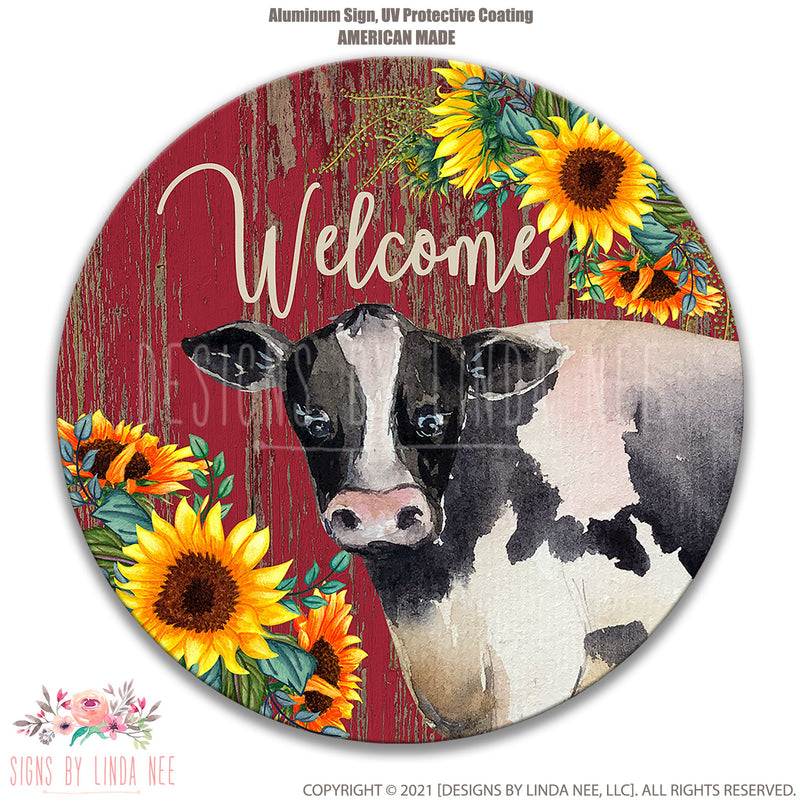Sunflower Cow Sign, Heifer Sign, Welcome Sign, Farm Sign, Wreath Sign, Wreath Decor, Farmhouse Decor, Front Door Hanging, Porch Sign, Round