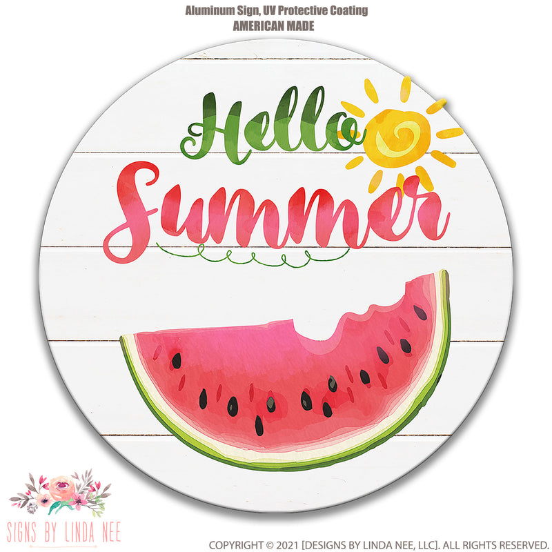 Hello Summer Watermelon Metal Wreath Sign - Available in 12", 8", and 3" Round Metal Wreath Attachment For Summer Wreaths J-HEL001