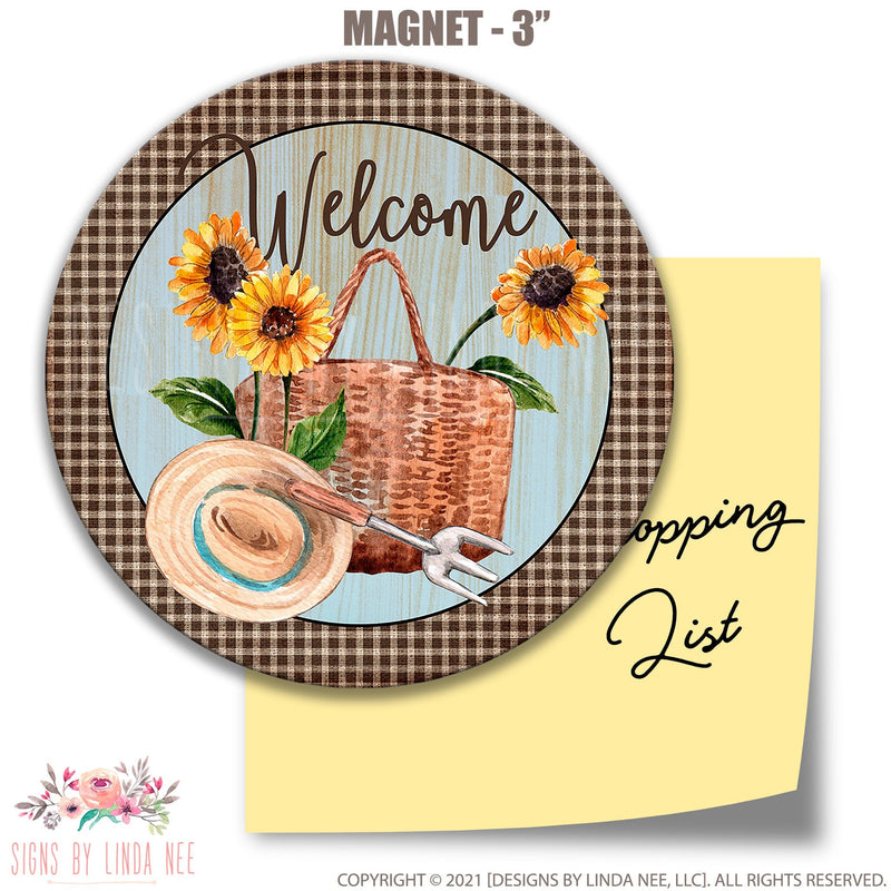 Sunflower Magnet Welcome Sunflowers in Basket with Gingham Plaid Magnet, Farmhouse Decor, Kitchen Decor, Country Magnet J-WEL002