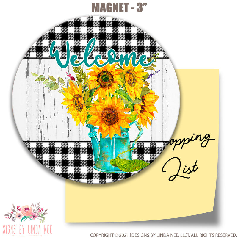 Sunflowers Welcome Magnet with Sunflowers in a Teal Watering Can on a Rustic Wood Background, Round Magnet J-WEL004