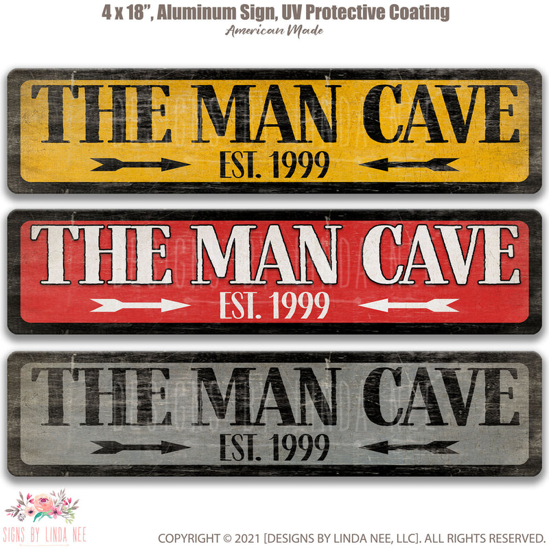 Father's Day 2021, Man Cave Sign with Your Personalized Est Date - Available in Yellow, Red or Gray Distressed Wood D-FDA007