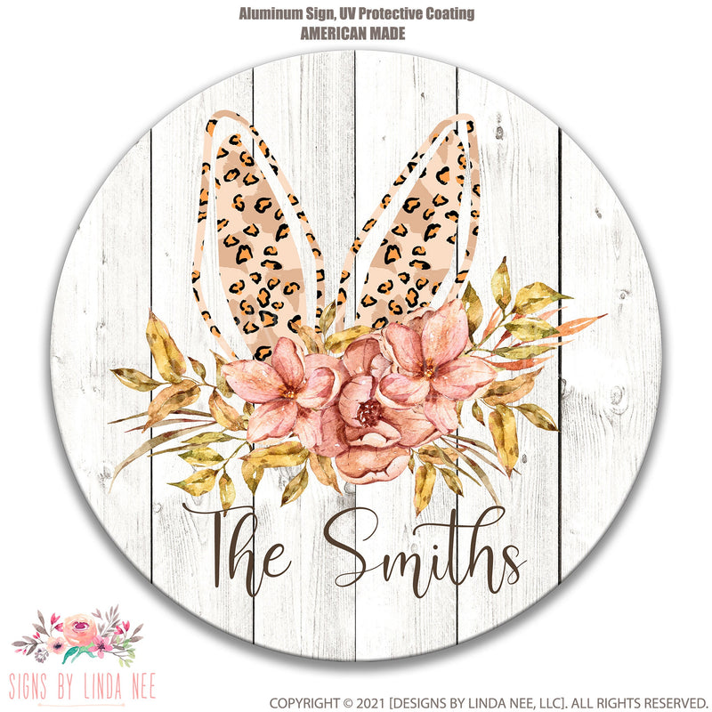 Personalized Family Name Easter Sign, Easter Bunny Wreath Sign, 12" Easter Round Sign, Easter Decor, Easter Wall Decor, Leopard, X-EAS016