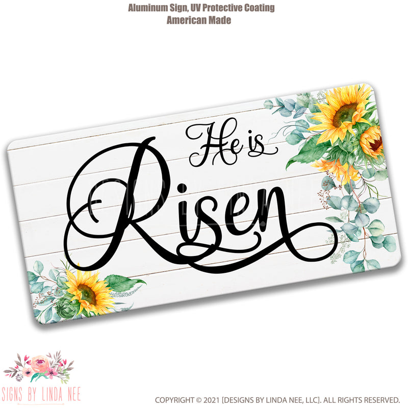 He Is Risen Sign For Easter And Spring Wreaths, Religious Easter Wood Metal Wall Sign with Sunflowers, Christian Sign, Easter Door X-EAS021
