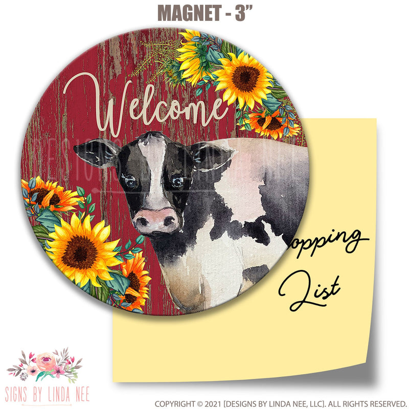 Cow and Sunflowers Welcome Refrigerator Magnet - 3" Round J-WEL003