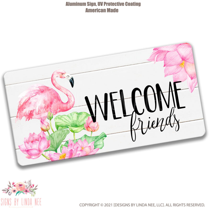 Welcome Wreath Sign, Flamingo Summer Metal Wreath Sign, Front Door Sign, Front Door Decor Sign for Front Porch, Hanging Sign 8-WEL001