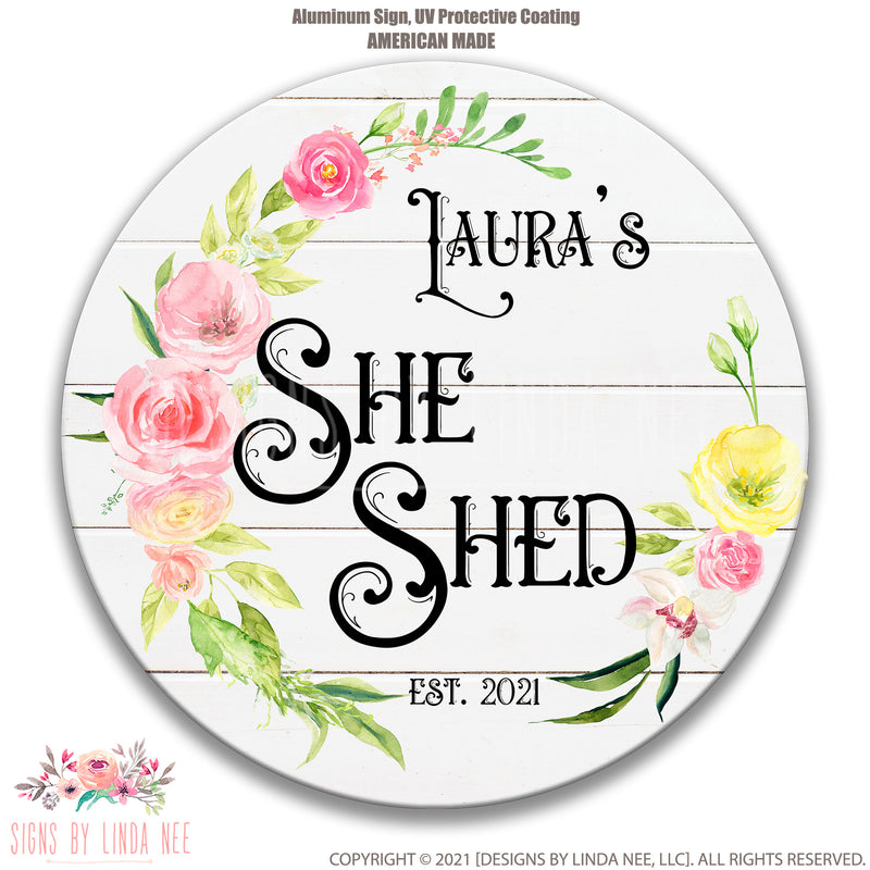 Personalized She Shed Sign, She Shed Gift, Pink Flowers Custom Woman's Shed Sign, Cute She Shed Decor, She Shed Door Sign F-SHE002