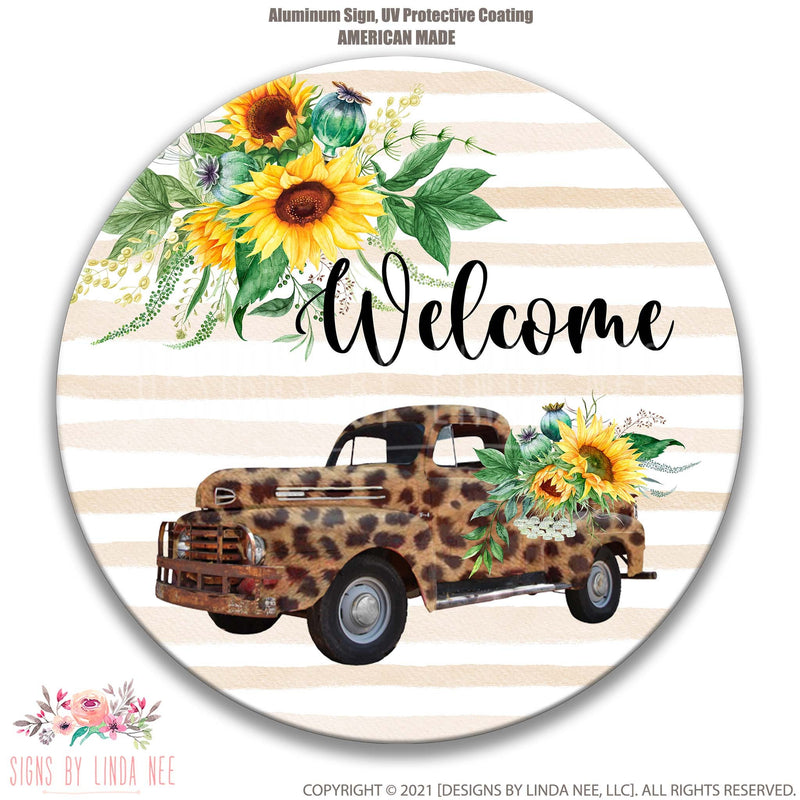 Sunflower Welcome Sign, Cheetah Truck Wreath Sign, Summer Wreath Signs, Vintage Truck Sign, Door Hanging Sign, Floral Wreath Sign F-WEL005