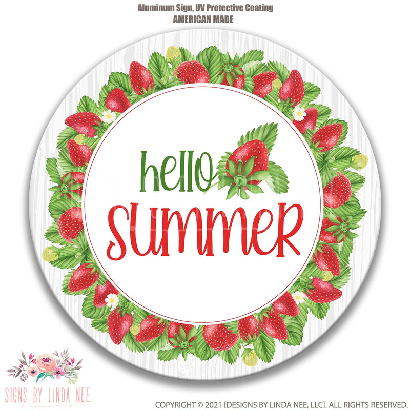 Hello Summer Strawberry Sign - Round Strawberry Wreath Sign, Summer Wreaths, Sweet Summer Sign, Kitchen Sign, Wreath Kit, Gift J-HEL003