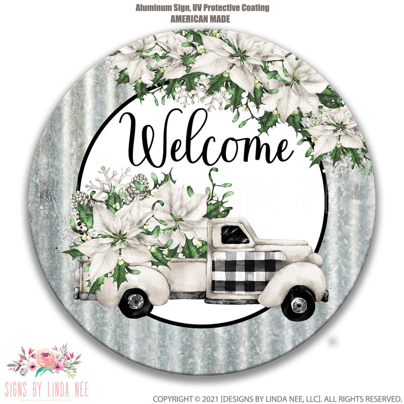 Christmas Welcome Sign with Buffalo Plaid Truck, Christmas Wreath, Winter Welcome Sign, Holiday Poinsettia Decor, TruckWreath Sign X-XMS003