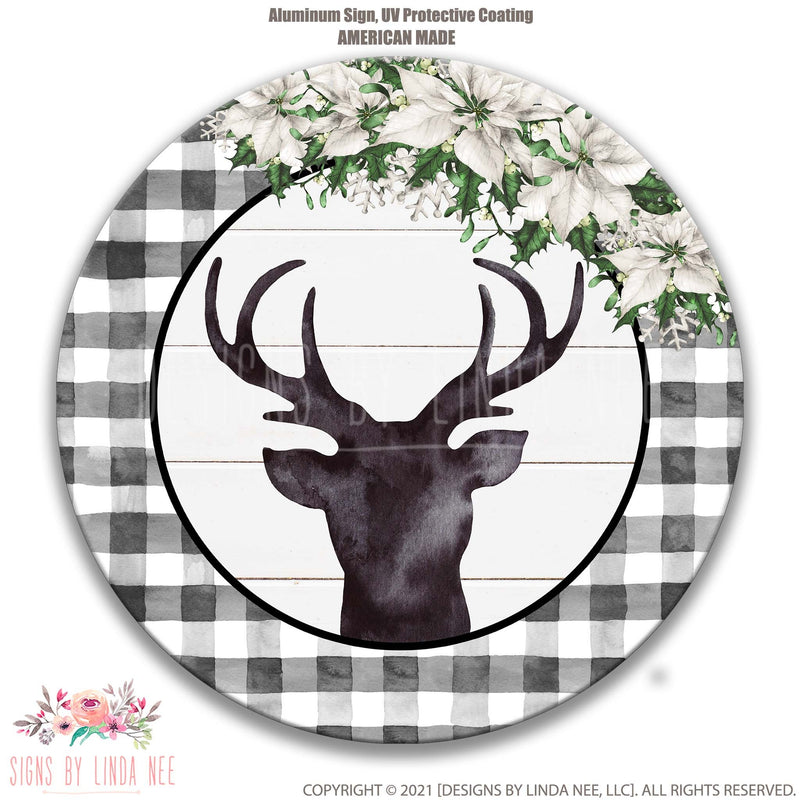 Christmas Deer Sign with Buffalo Plaid, Winter Wreath, Deer Welcome Sign, Holiday Poinsettia Decor, Black and White Winter Sign X-XMS004