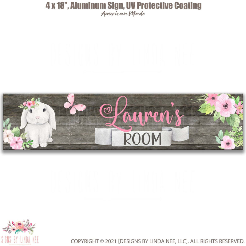 Girls Floral Bunny DOOR SIGN, Personalized Girls Bedroom Decor, Nursery Wall Art Decor, Wooden Child's Name Plaque, Custom Hanger B-ANM003