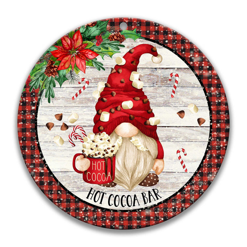 12" Gnome Hot Cocoa Bar Sign, 8" Buffalo Checked Decor, Sign for Wreath, Round Holiday Wreath Attachment, Craft Supplies, Seasonal 7-XMS003