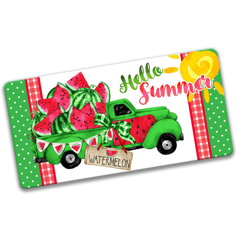 Hello Summer Watermelon Metal Wreath Sign with Vintage Pickup Truck, 6x12" Summer Metal Sign, Watermelon Decor, Cute Porch Sign J-HEL002