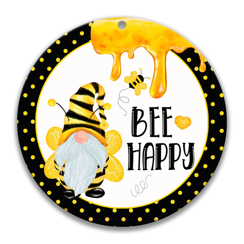 Gnome Bee Happy Sign, Bee Happy Wreath Sign, Bee Sign, Spring Sign, Metal Wreath Sign, Bee Decor, Wreath Supplies, Honey Bee Sign, X-SUM001