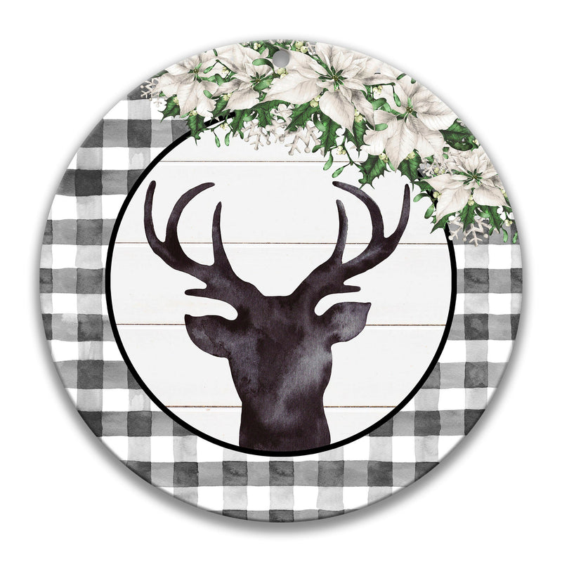 Christmas Deer Sign with Buffalo Plaid, Winter Wreath, Deer Welcome Sign, Holiday Poinsettia Decor, Black and White Winter Sign X-XMS004