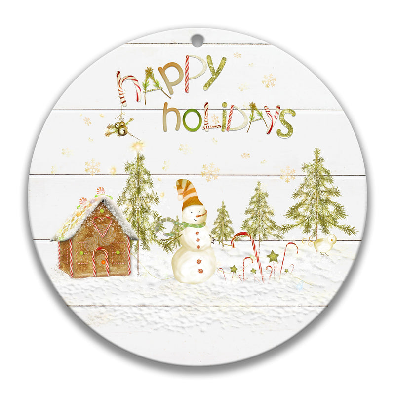 Snowman Christmas Wreath Sign, Happy Holidays Sign, 12" Xmas Decor Wall Art, Round Holiday Wreath Supplies, Wreath Attachment X-XMS015