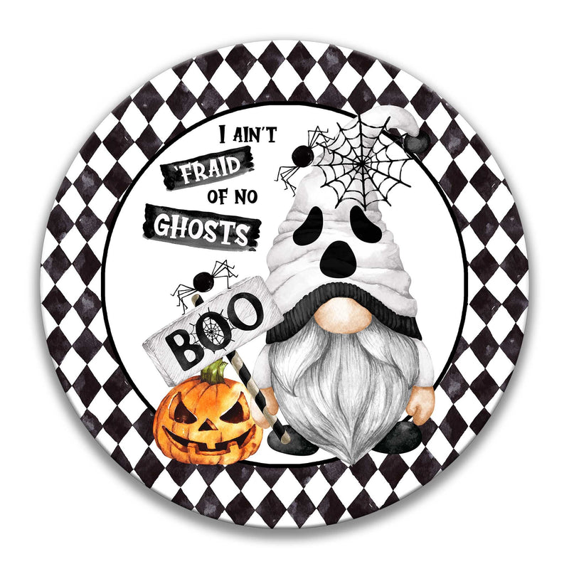 Cute Ghost Gnome Halloween Sign, 12" Fall Wreath Sign, 8" Round Door Hanging, 3" Home Decor, Holiday Metal Sign, Porch Decorations 7-HAL001