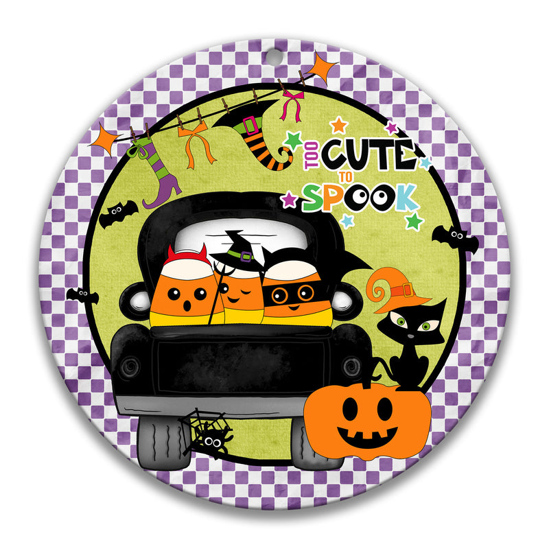 Halloween Round Metal Wreath Sign - Cute Pickup Truck with Candy Corn - Pumpkin Wreath Sign - Witch Wreath Sign - Spooky Decor X-HAL009