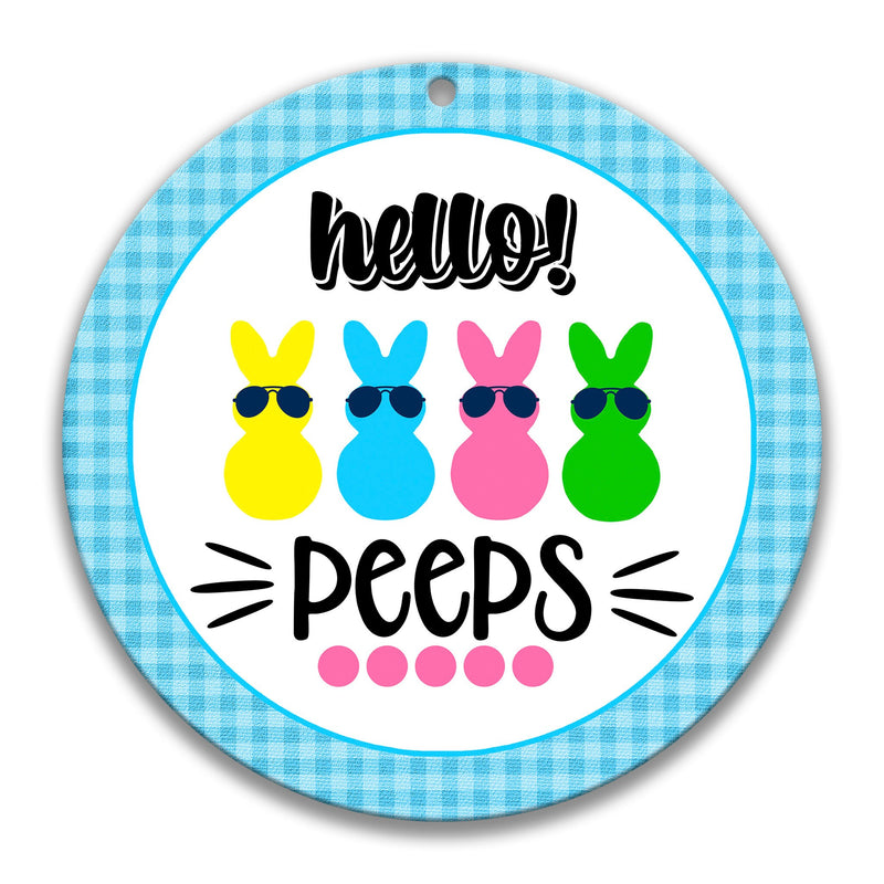 Hello Peeps Easter Wreath Sign in colorful shades of blue, pink, yellow, and green - Available in 8" or 12" Round Metal Signs X-EAS019