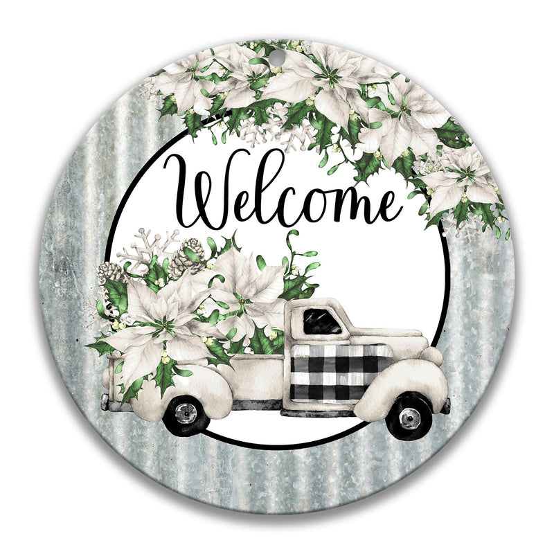 Christmas Welcome Sign with Buffalo Plaid Truck, Christmas Wreath, Winter Welcome Sign, Holiday Poinsettia Decor, TruckWreath Sign X-XMS003