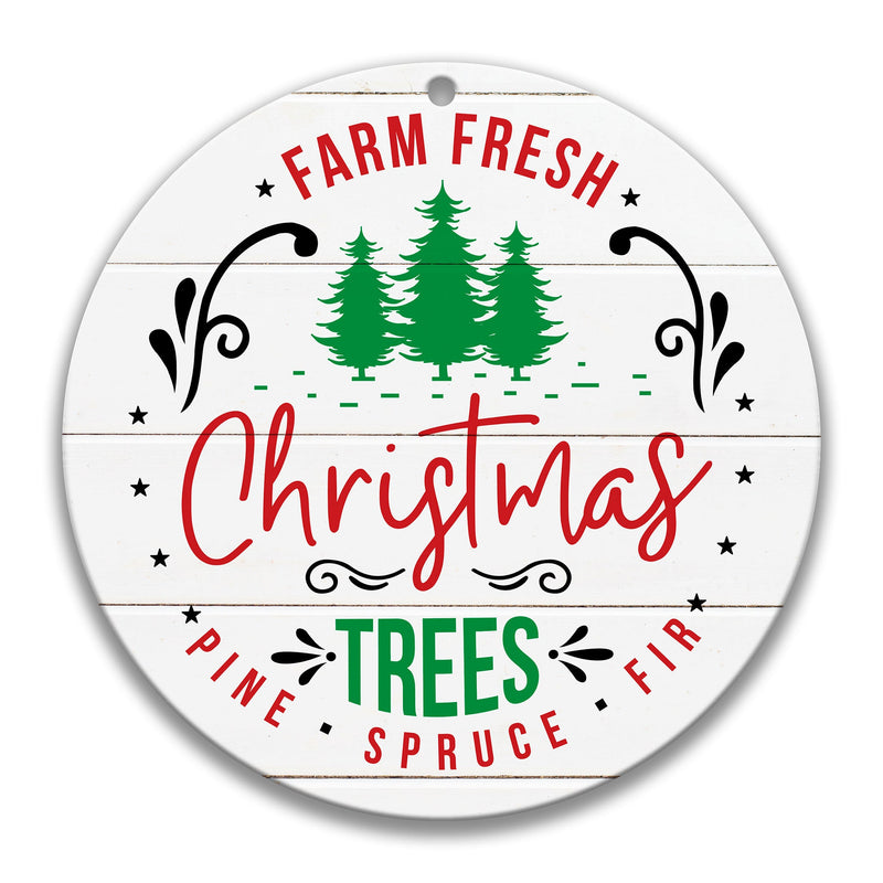 Farm Fresh Christmas Tree Sign, Christmas Tree Farm Wreath Sign, Xmas Decor Wall Art, Farmhouse Round Holiday Wall Decor, Shiplap X-XMS067
