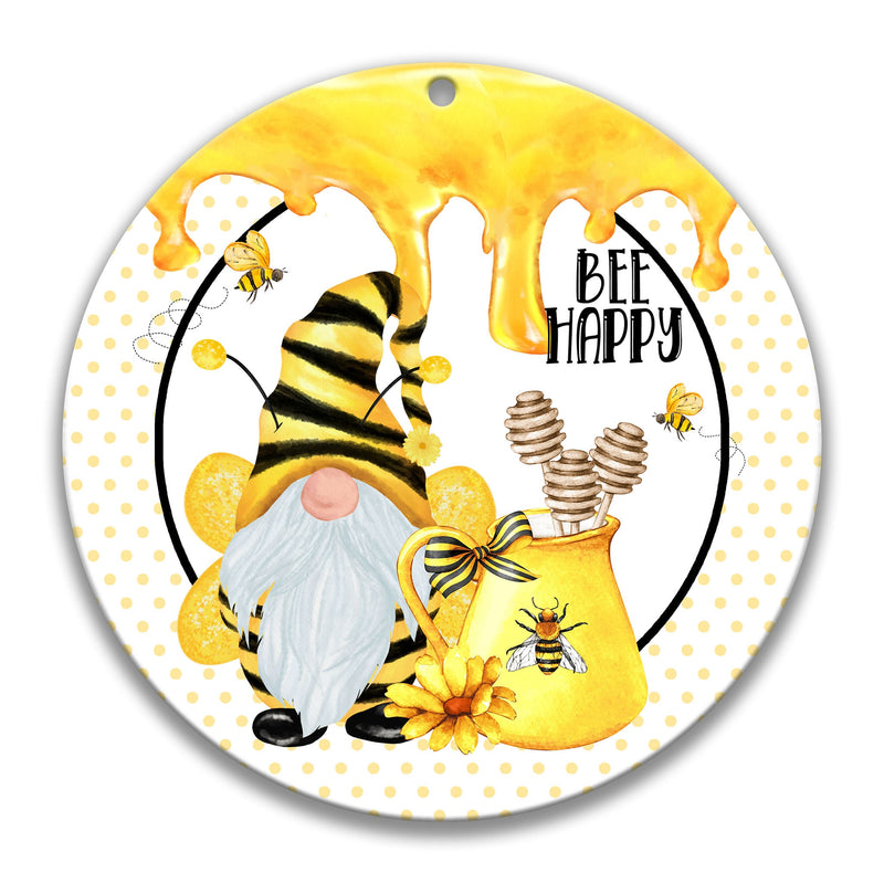 Bee Happy Gnome Wreath Sign, Bee Happy Summer Decor, Honeybee Lover, Cute Gnome Sign, Bee Happy Sign, Summer Wreath, Kitchen Sign 7-SUM016