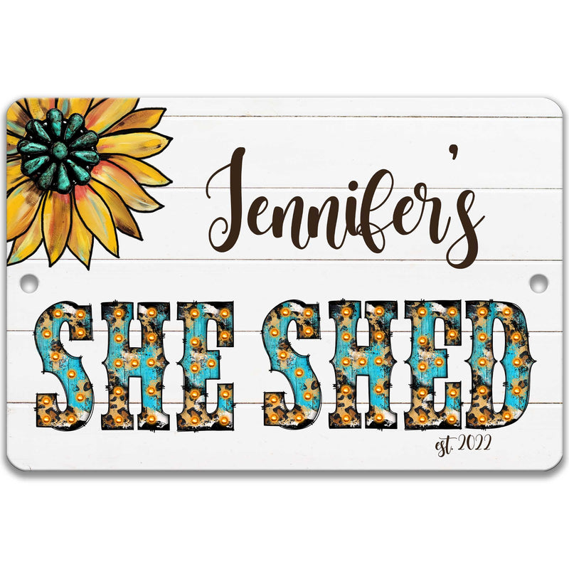 Personalized She Shed Sign, Sunflower Custom Woman's Shed Sign, She Shed Gift, Cute She Shed Decor, Southwestern Turquoise Cheetah P-SHE006