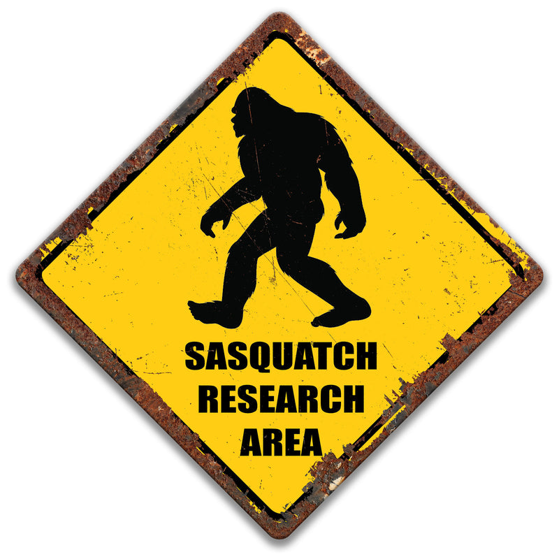Sasquatch Research Area Sign, Yellow Caution Sasquatch Sign, Rusty Tin Sign, Vintage Big Foot Decor, Funny Sasquatch Sign, Cabin 8-ANM009