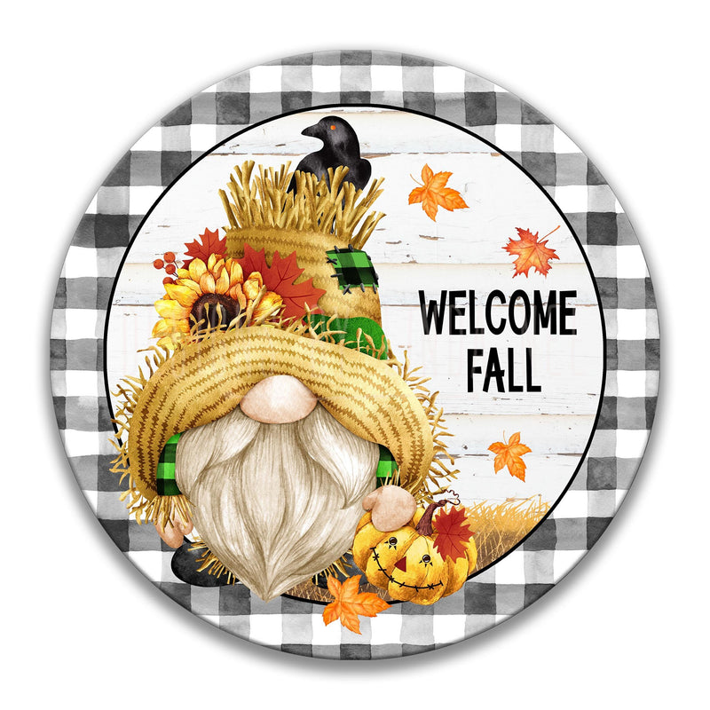 Scarecrow Gnome Welcome Fall Sign, Autumn Gnome Wreath Sign, 3" 8" 12" Circular Gnome Signs, Pumpkin Patch, Fall Gnome Decor 7-FAL008