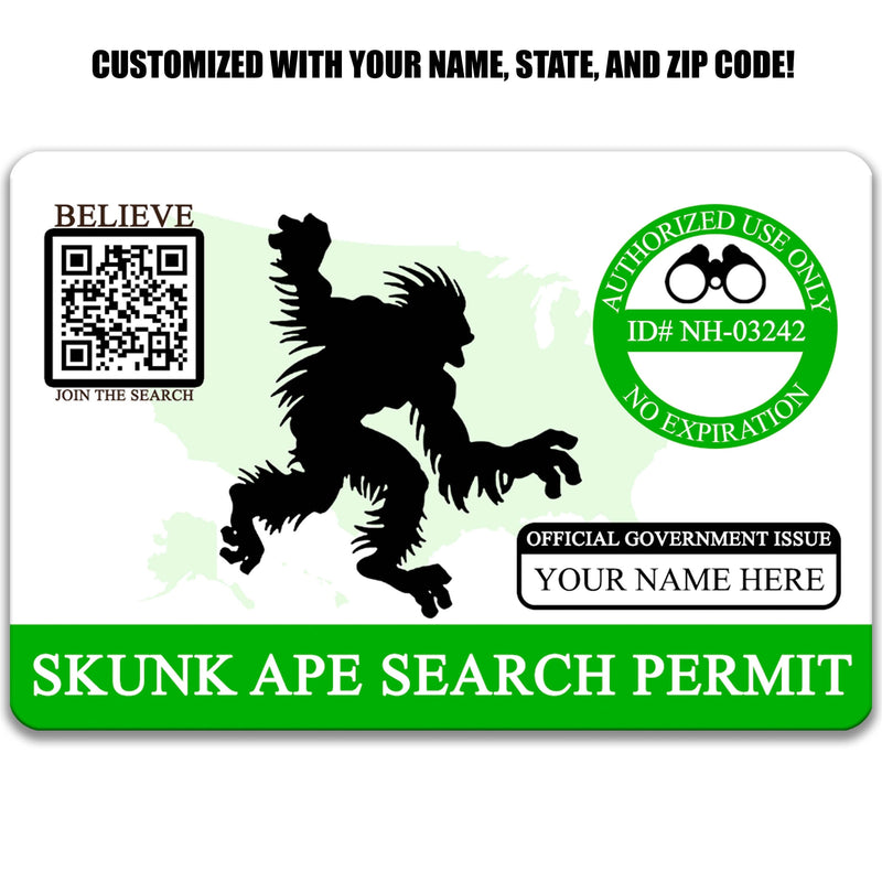 Personalized Skunk Ape Search Permit, Metal Wallet Sized License, Hunting Permit, Sasquatch Gifts, Cryptozoological Enthusiasts 8-ANM064