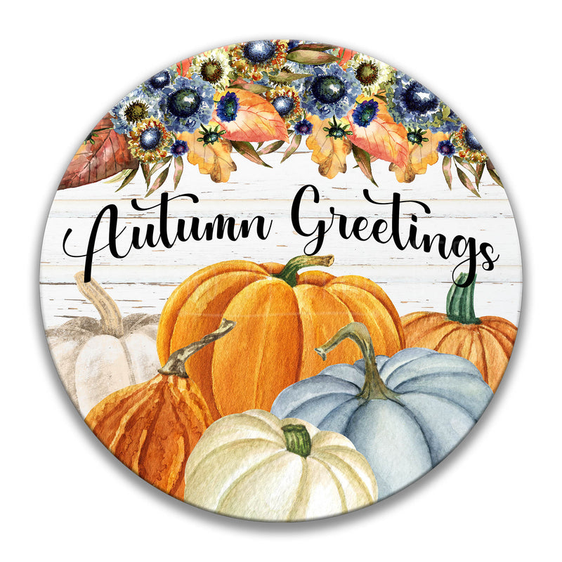 Autumn Greetings Wreath Sign, Metal Fall Pumpkin Round Sign for Wreath, Pumpkin Patch, Fall Gnome Decor X-FAL010