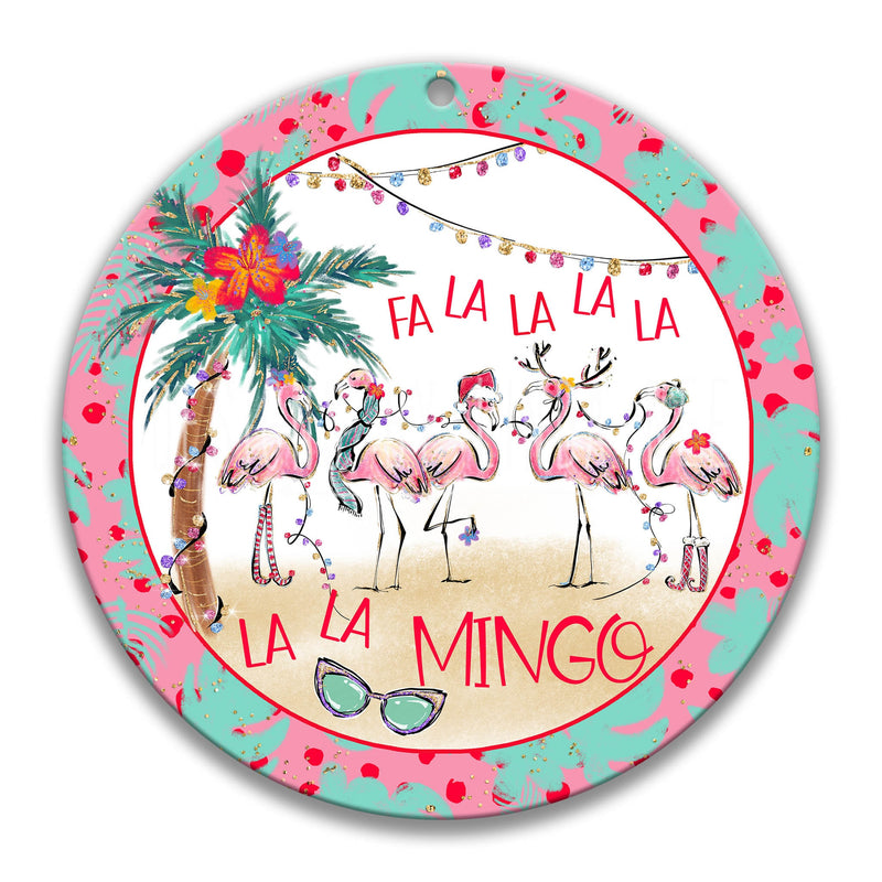Fa La La Mingo Wreath Sign, Flamingo Round Door Hanger, Funny Christmas Sign, Tropical Sign, Beach Decor, Santa, Palm Trees Coastal X-XMS083