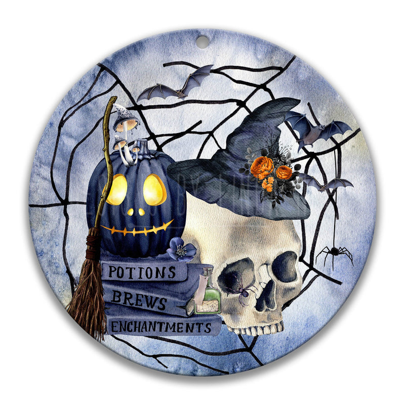 Spooky Halloween Sign, Gothic Wreath Center,  12"  8" Round, Skull, Witch Hat, Black Pumpkin, Witches Broom, Potions, Haunted House X-HAL033