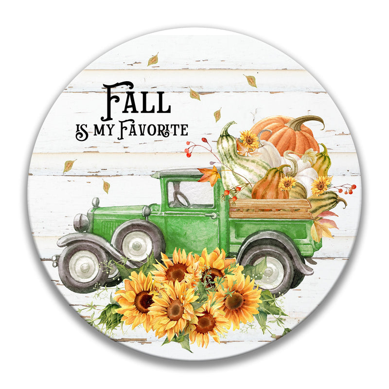 Truck full of Pumpkins and Sunflowers Fall Sign, Green Pickup Truck, 12" Autumn Wreath Center Sign, 8" Fall Door Hanger, Porch Sign X-FAL012